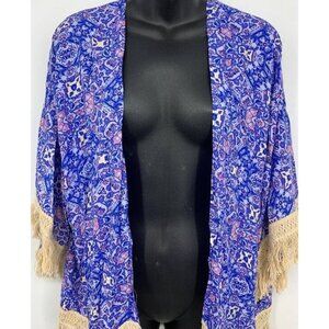Forever 21 Womens Kimono Cover Up Size Small S Blue Fringe Boho Casual NWT New